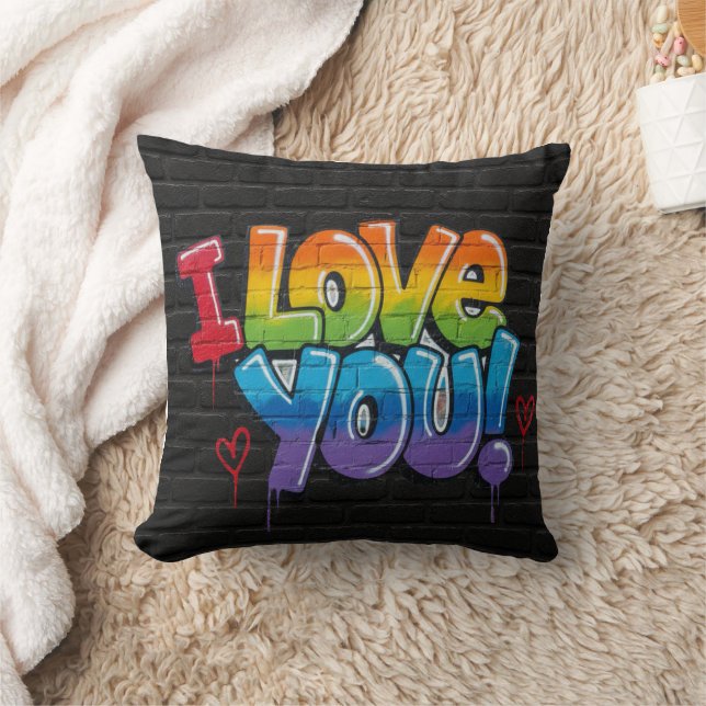 Schwarze Backsteinwand mit Graffiti „Ich liebe dic Kissen (Decke)