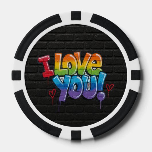 Schwarze Backsteinwand mit Graffiti „Ich liebe dic Pokerchips (Vorderseite)