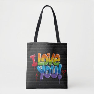 Schwarze Backsteinwand mit Graffiti „Ich liebe dic Tasche