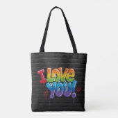 Schwarze Backsteinwand mit Graffiti „Ich liebe dic Tasche (Rückseite)