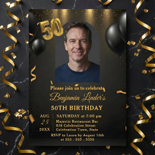 Schwarze Ballons & Gold Konfetti Foto 50. Geburtst Einladung