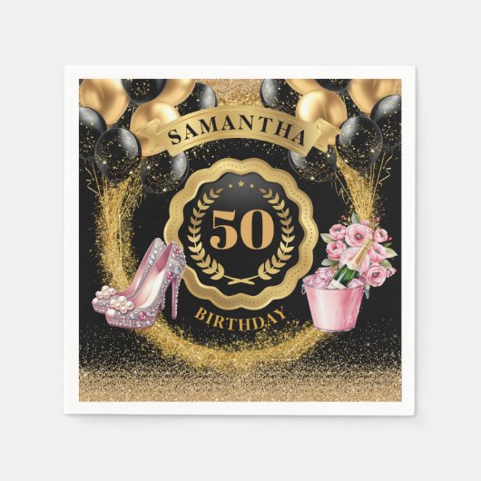 Schwarze Balloons Napkins mit rosa Heelsen Serviette (Vorderseite)