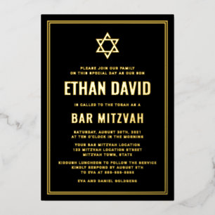 Schwarze Bar mitzvah Stern von David Gold oder Sil Folieneinladung