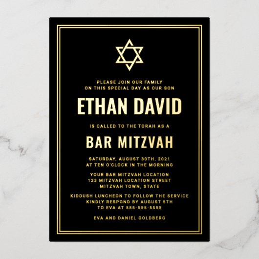 Schwarze Bar mitzvah Stern von David Gold oder Sil Folieneinladung (Vorderseite)