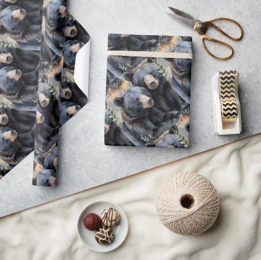 Schwarze Bären im Aquarellstil Tiermuster Art Geschenkpapier (Kunsthandwerk)