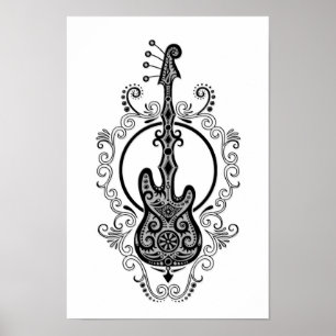 Schwarze Bass Gitarre Design auf Weiß Poster