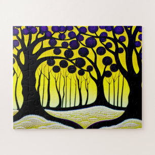 Schwarze Bäume mit Lila Frucht Gelber Himmel für K Puzzle