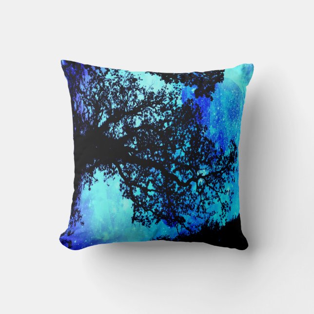 Schwarze Bäume Türkis Periwinkle Pillow Kissen (Vorderseite)