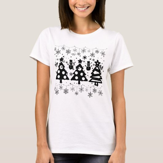 Schwarze Bäume Winterwald Moderne Weihnachten T-Shirt (Vorderseite)