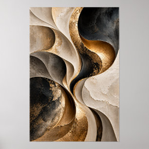 Schwarze Beige Gold Fließende Kurven Abstrakte Wan Poster