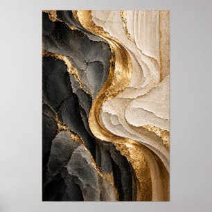 Schwarze beige und goldene fließende abstrakte Wan Poster
