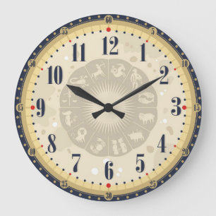 Schwarze & Beige Vintage-Uhr Zodiac-Schilder Antik Große Wanduhr