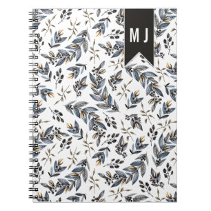 Schwarze Blätter Berries Muster Monogram   Notizblock