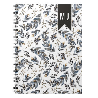 Schwarze Blätter Berries Muster Monogram | Notizblock