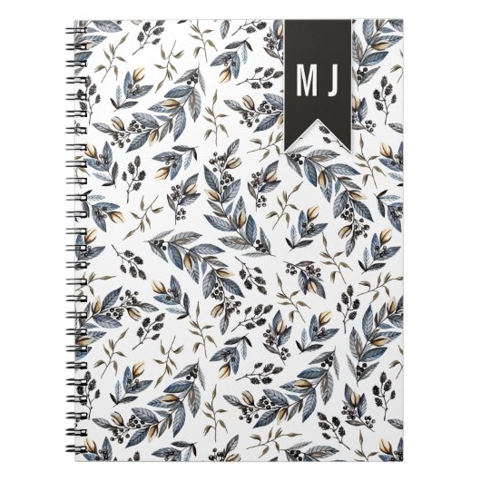 Schwarze Blätter Berries Muster Monogram | Notizblock (Vorderseite)