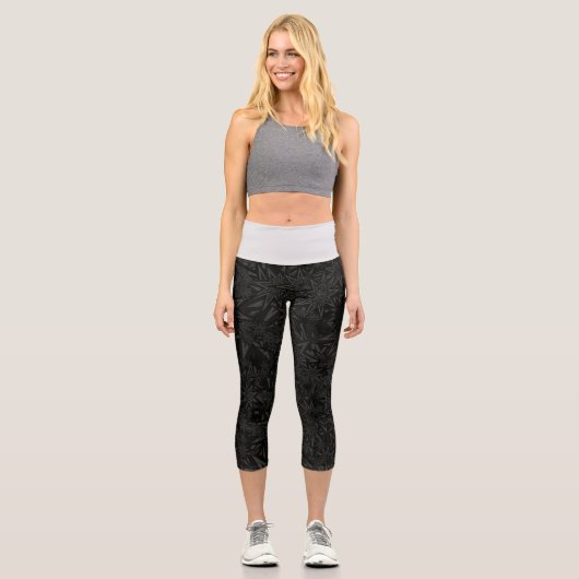 Schwarze Blätter und Weiß Capri Leggings (Vorderseite)