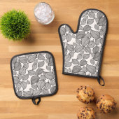 Schwarze Blätter weiß Ofenhandschuh & Topflappen-Set (Oben Unten)
