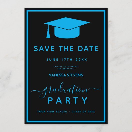 Schwarze blaue klassische Abschluss-Save-the-Date- Save The Date (Vorderseite)