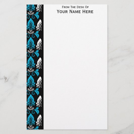 Schwarze Blaue Weiße Damast-Grenze Briefpapier (Vorderseite)
