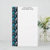Schwarze Blaue Weiße Damast-Grenze Briefpapier (Stehend Vorderseite)