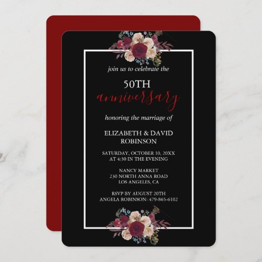 Schwarze Blume 50. Hochzeitstag Einladung (Vorne/Hinten)