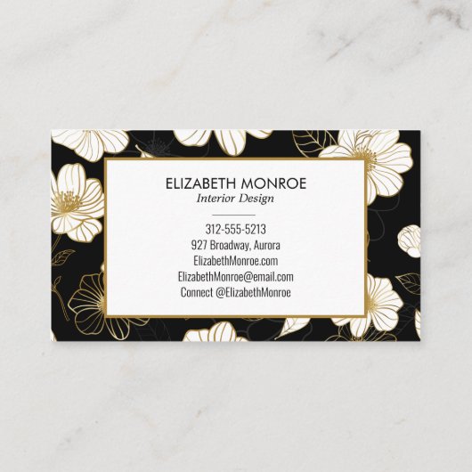 Schwarze Blume aus Weiß und Gold Visitenkarte (Rückseite)