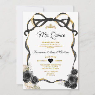 Schwarze Blume Bow Ribbon Gold Crown Mis Quince Einladung