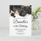Schwarze Blume Goldfilm Glam 60. Geburtstag Einladung (Stehend Vorderseite)
