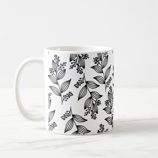 Schwarze Blume Muster Botanisch Dunkelweiß Kaffeetasse (Links)