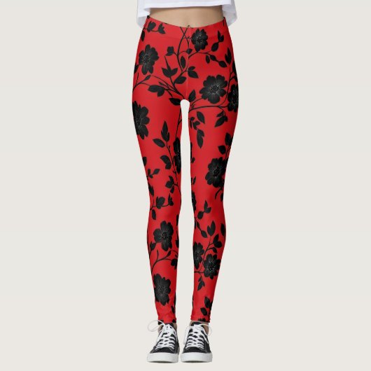 Schwarze Blume Rot Leggings (Vorderseite)