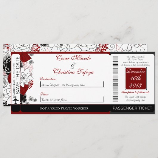 Schwarze Blume Roter Boarding Hochzeit Einladung (Vorne/Hinten)