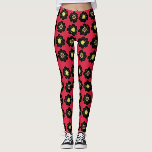 Schwarze Blume Roter Hintergrund Skandinavische Bl Leggings (Vorderseite)