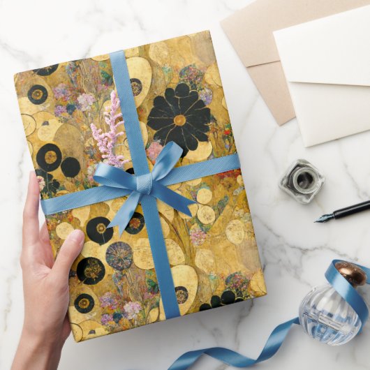 Schwarze Blume und Gold Abstrakt | Klimtesque Geschenkpapier (Schenken)