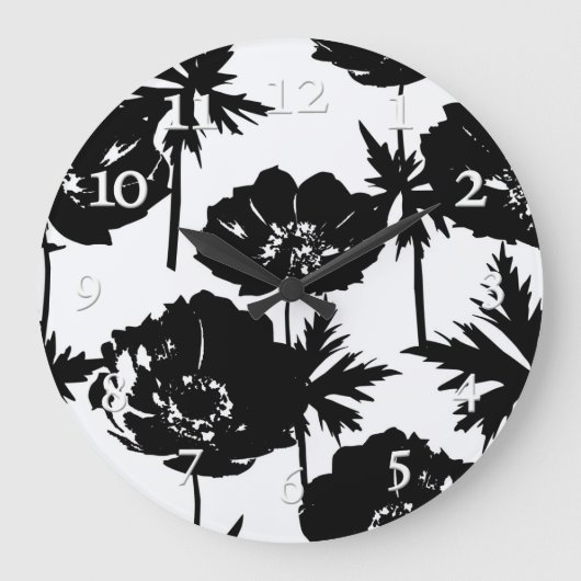 Schwarze Blume, weiß, monochrom Große Wanduhr (Vorderseite)