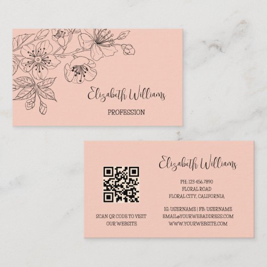 Schwarze Blumen Linie Botanischer QR-Code Visitenkarte (Vorne/Hinten)