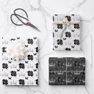 Schwarze Blumen und silberne Kronen Geschenkpapier Set