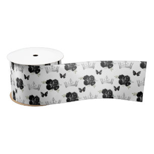 Schwarze Blumen und silberne Kronen Satinband