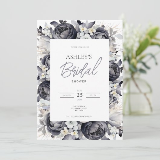 Schwarze Blumendusche Einladung (Stehend Vorderseite)