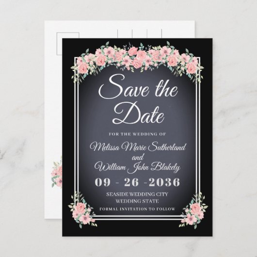 Schwarze Blumenklatsche Hochzeit Sichern Sie das D Einladungspostkarte (Vorne/Hinten)