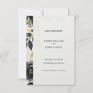 Schwarze Blumenrand-Save-the-Date-Karte mit golden Save The Date
