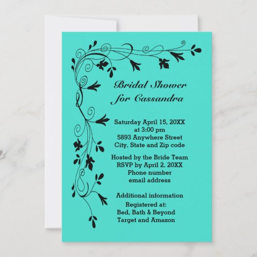 Schwarze Blumenrinde Türkis- oder Farbbriefe Dusch Einladung (Vorderseite)