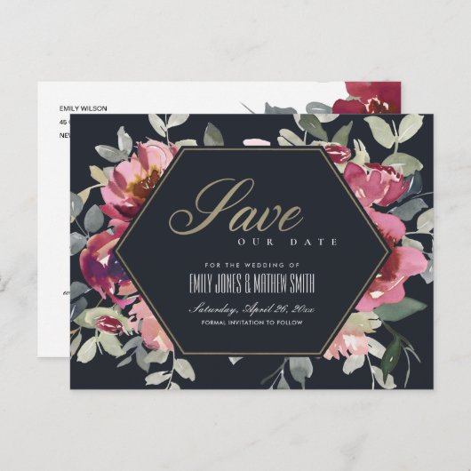 SCHWARZE BLUSH BURGUNDY ROSE SAVE THE DATE BLLORAL ANKÜNDIGUNGSPOSTKARTE (Vorne/Hinten)