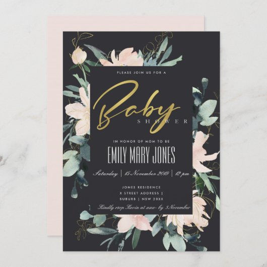 SCHWARZE BLUSH FLORAL FRAME WATERCOLOR BABY DUSCHE EINLADUNG (Vorne/Hinten)