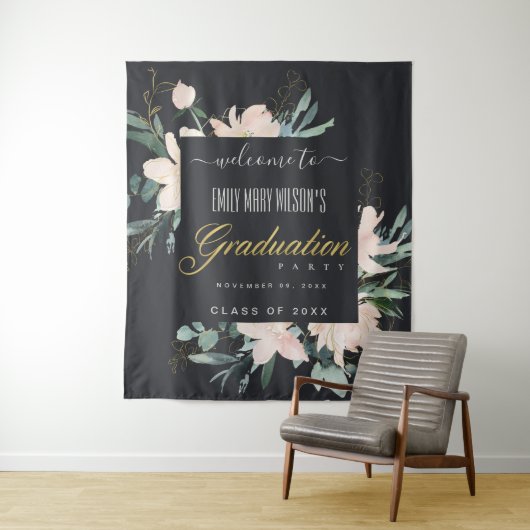 SCHWARZE BLUSH GOLD FLORAL GRADUATION PARTY WILLKO WANDTEPPICH (Beispiel)