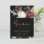SCHWARZE BLUSPINK BURGUNDY PROTEA FLORAL WATERCOLO SAVE THE DATE (Stehend Vorderseite)