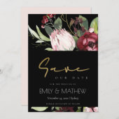 SCHWARZE BLUSPINK BURGUNDY PROTEA FLORAL WATERCOLO SAVE THE DATE (Vorne/Hinten)