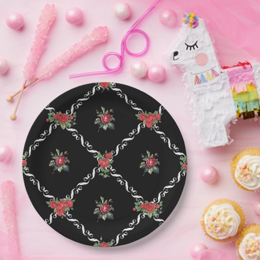 Schwarze Blüte und Gitter süße Valentine Pappteller (Party)