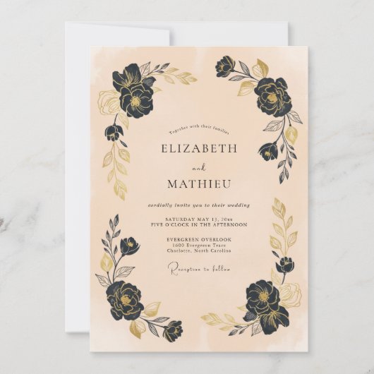 Schwarze Blütenbogen-Hochzeit Einladung (Vorderseite)