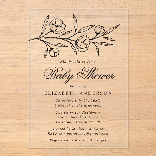 Schwarze Blütendusche Acryleinladungen (Vorderseite)