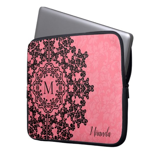 Schwarze Blütenlatte Rosa Damask Mit Monogramm Laptopschutzhülle (Vorderseite Links)